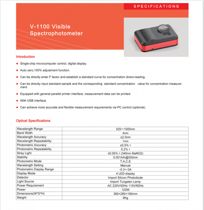 Digital Display Visible Spectrophotometer Lab Auto  V-1100 1